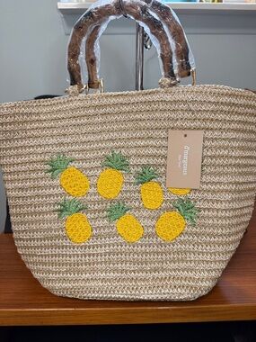 Straw Pineapple Embroidered Tote Bag - Yellow/Green